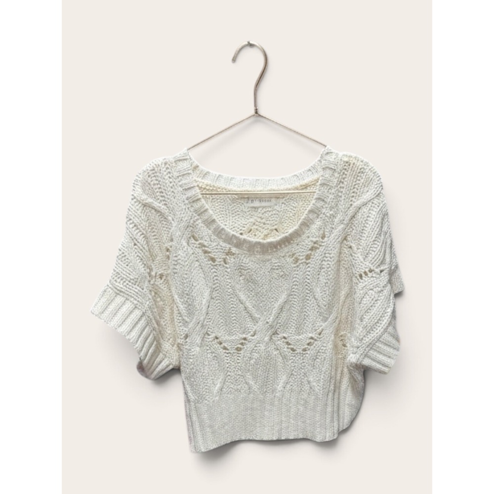 By Together Ivory Cable Knit Short Sleeve Cropped Sweater Large Cream Pointelle